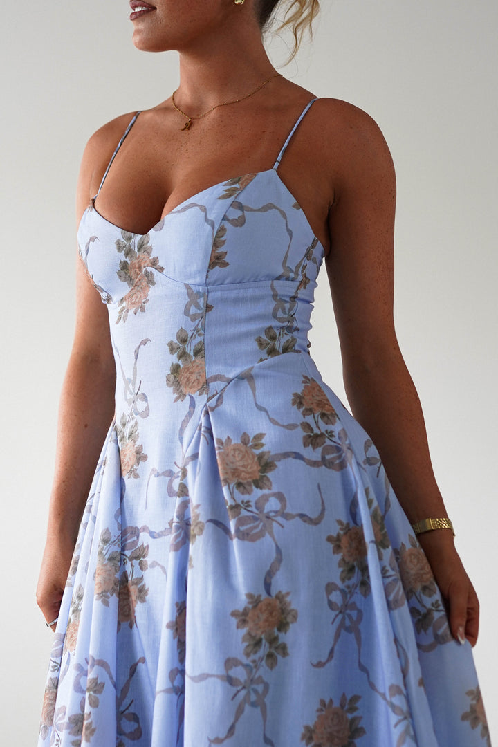 Tess Floral Print Skater Midaxi Dress | Blue