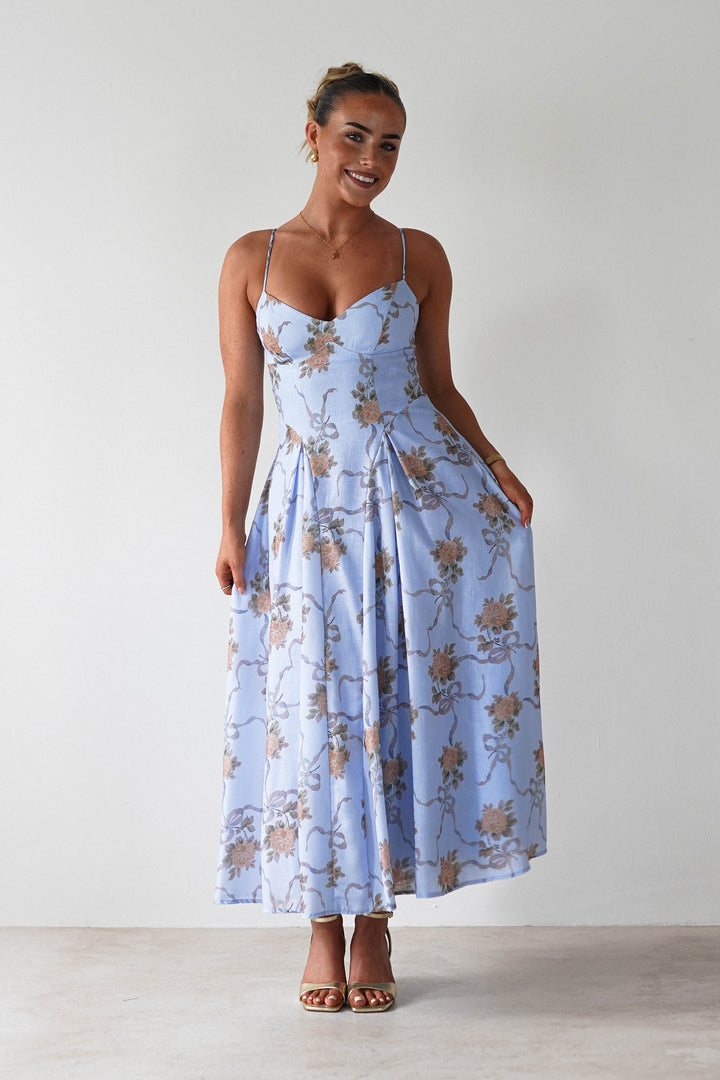 Tess Floral Print Skater Midaxi Dress | Blue