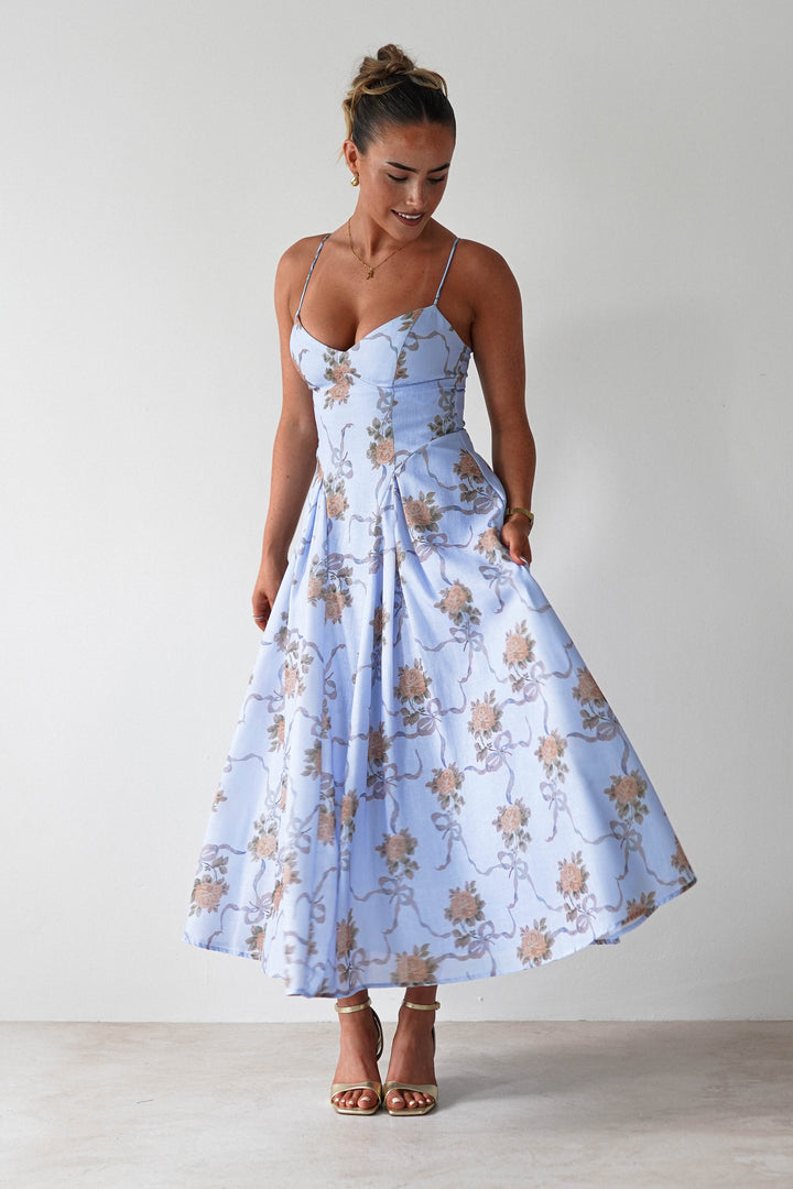 Tess Floral Print Skater Midaxi Dress | Blue