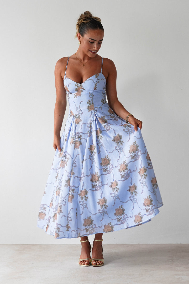 Tess Floral Print Skater Midaxi Dress | Blue