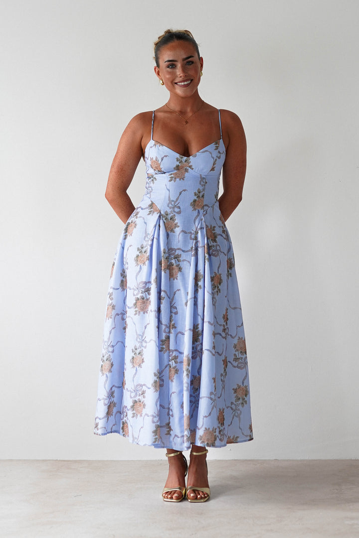 Tess Floral Print Skater Midaxi Dress | Blue