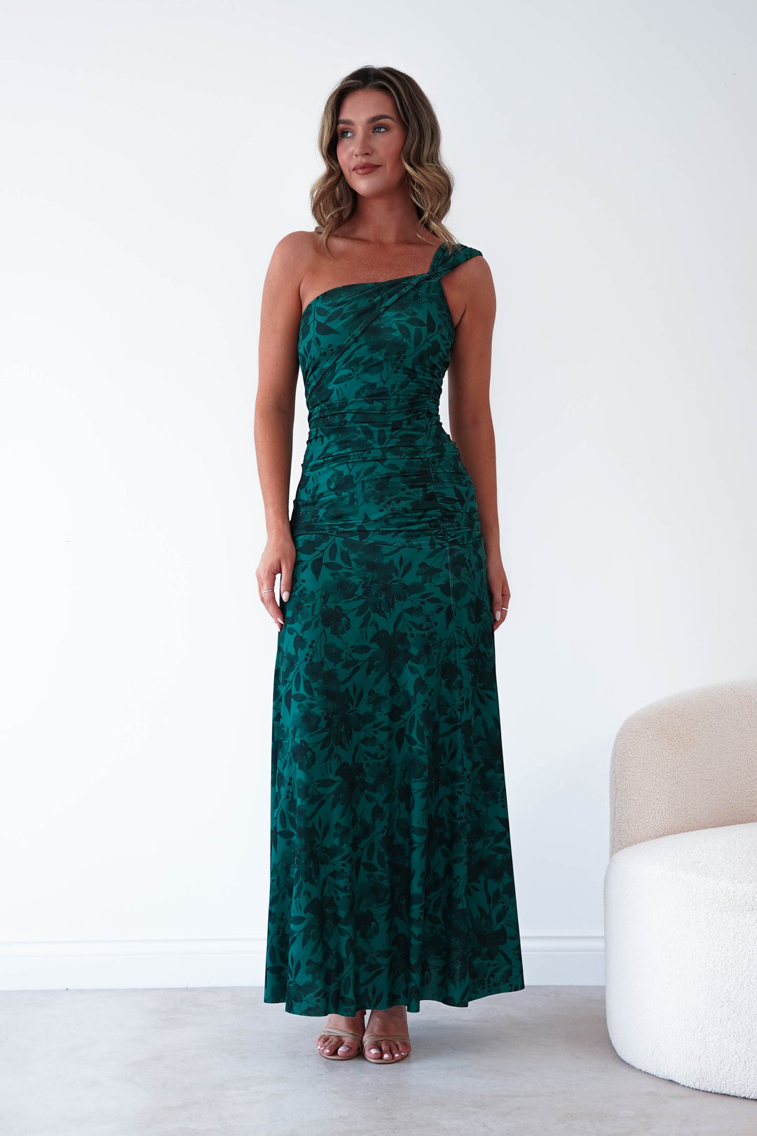 Jessie Floral Print Ruched Maxi Dress | Green