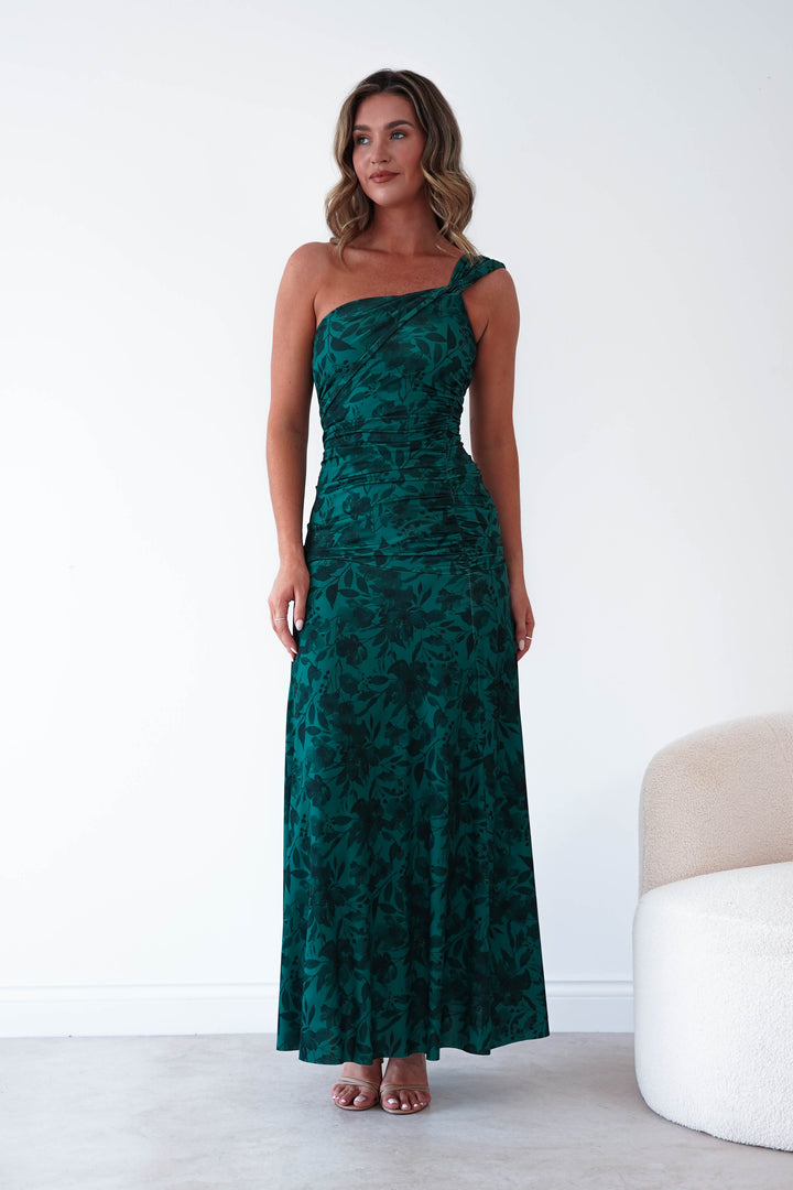 Jessie Floral Print Ruched Maxi Dress | Green