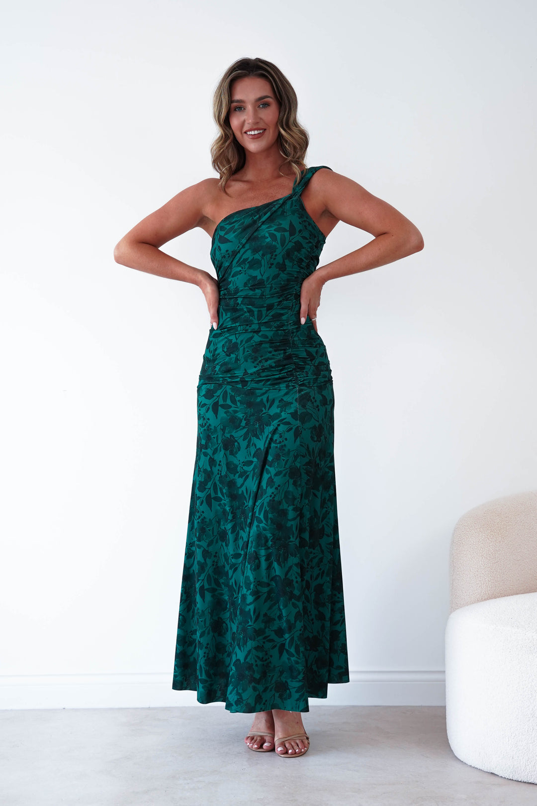 Jessie Floral Print Ruched Maxi Dress | Green