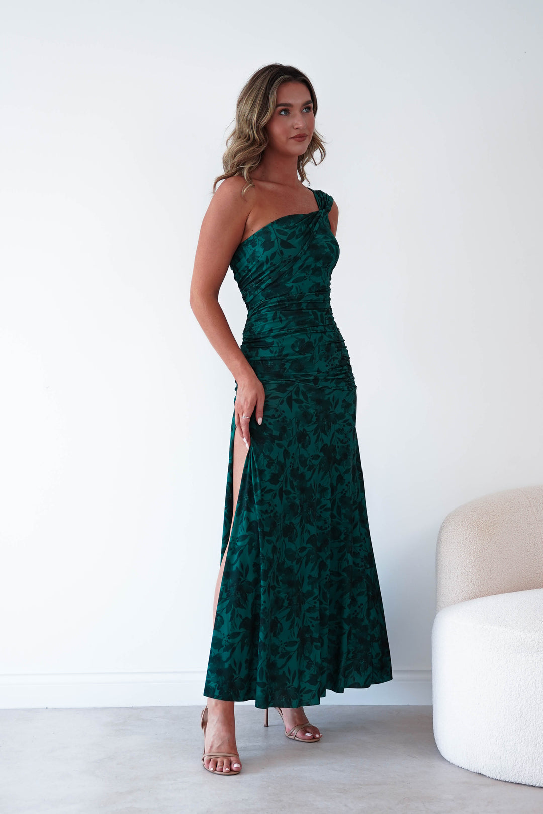 Jessie Floral Print Ruched Maxi Dress | Green