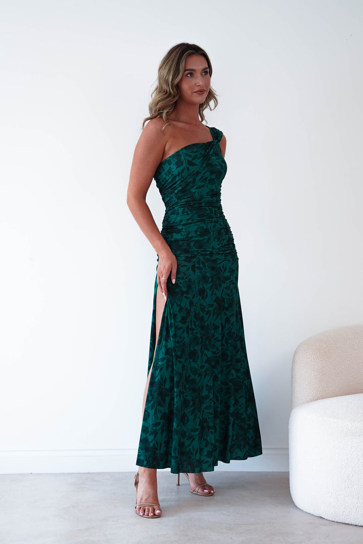 Jessie Floral Print Ruched Maxi Dress | Green