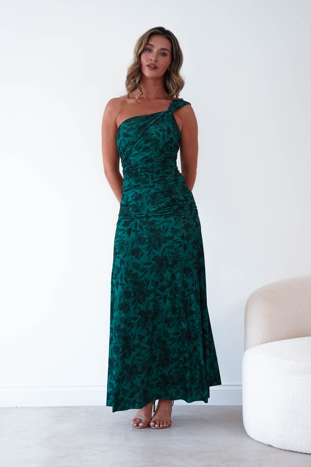 Jessie Floral Print Ruched Maxi Dress | Green