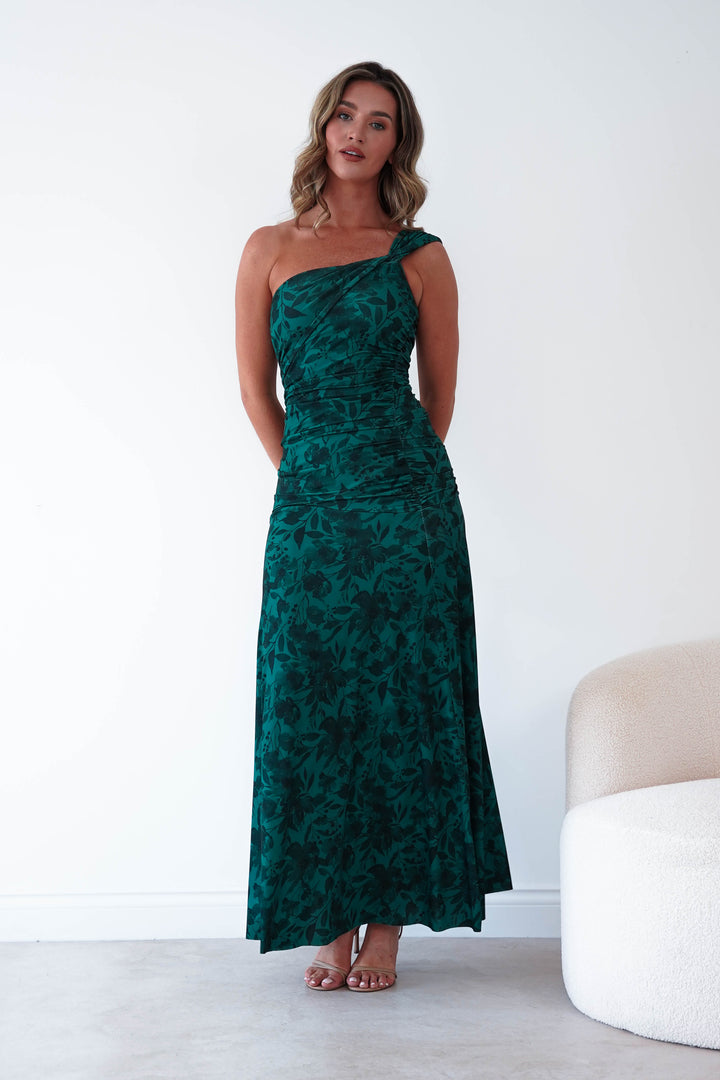 Jessie Floral Print Ruched Maxi Dress | Green