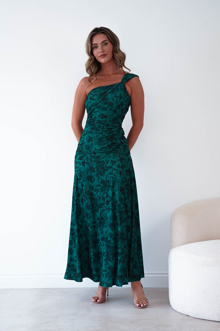 Jessie Floral Print Ruched Maxi Dress | Green