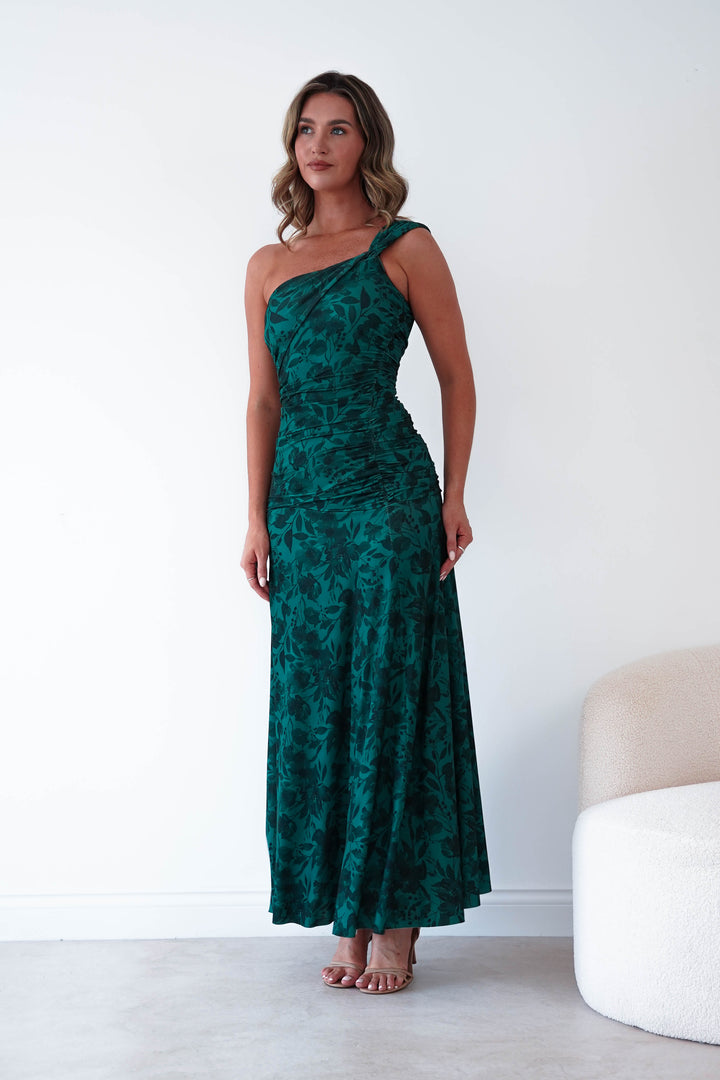 Jessie Floral Print Ruched Maxi Dress | Green