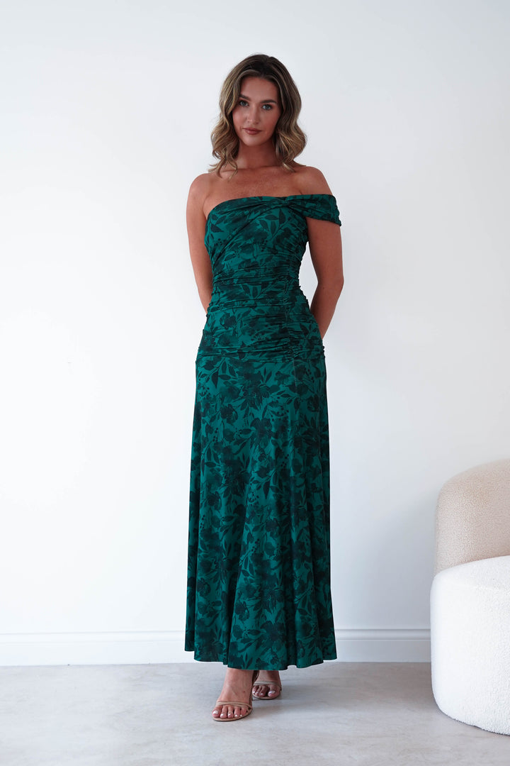 Jessie Floral Print Ruched Maxi Dress | Green