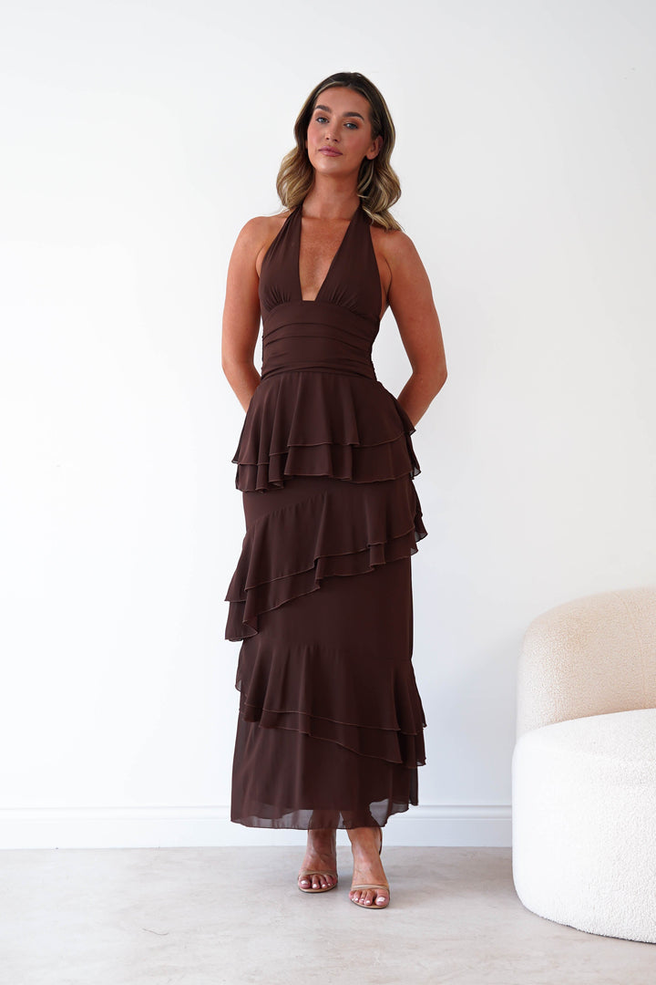 Caterina Tiered Halter Maxi Dress | Brown