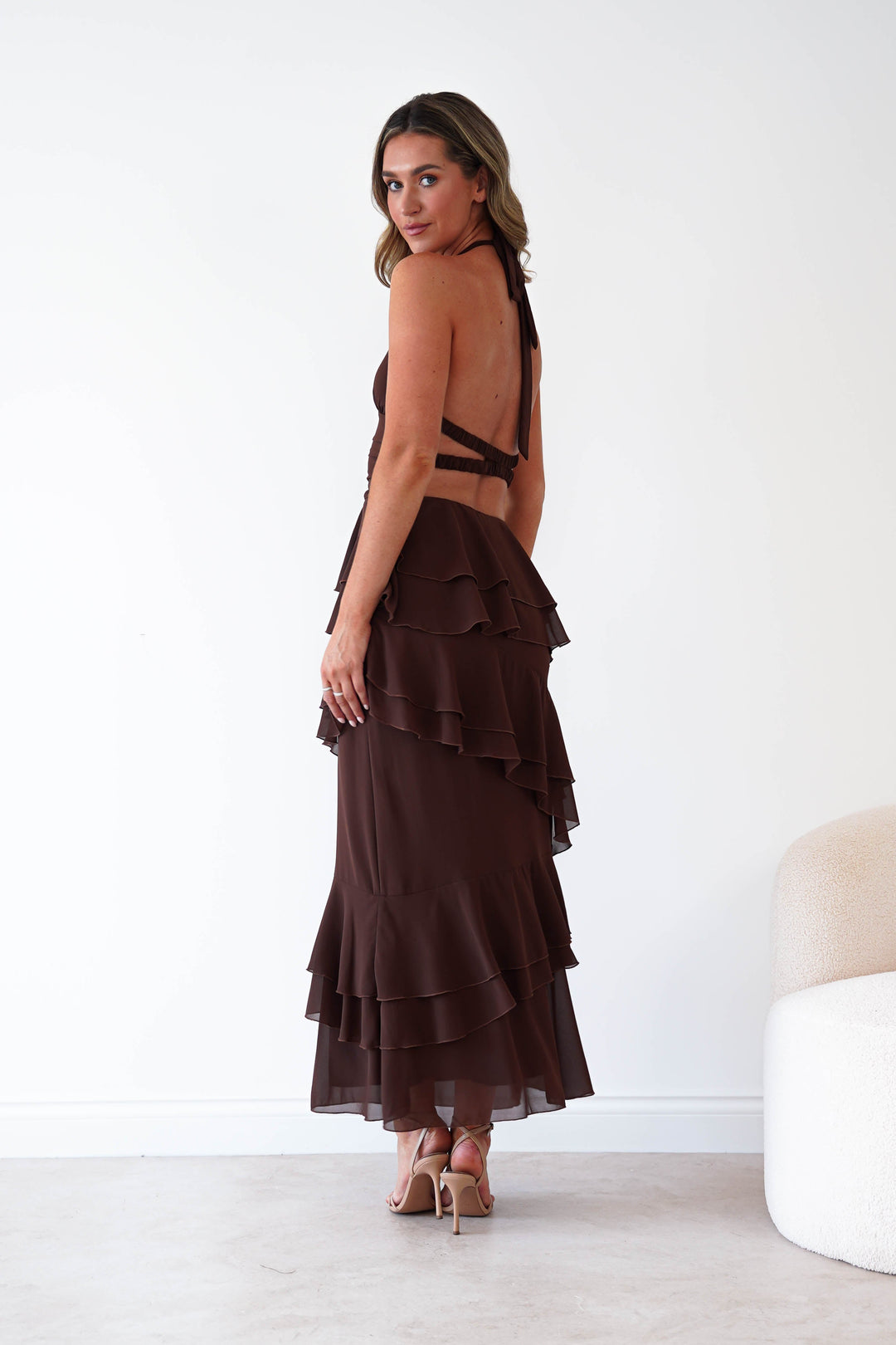 Caterina Tiered Halter Maxi Dress | Brown
