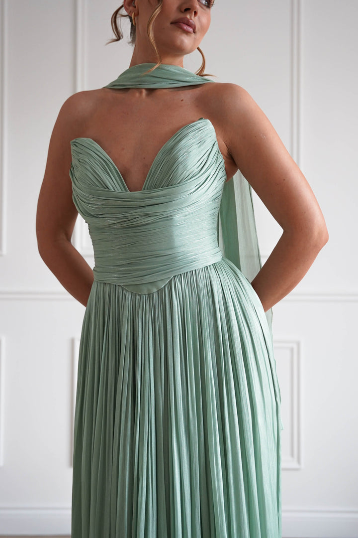 Charla Pleated Luminescent Maxi Gown | Sage