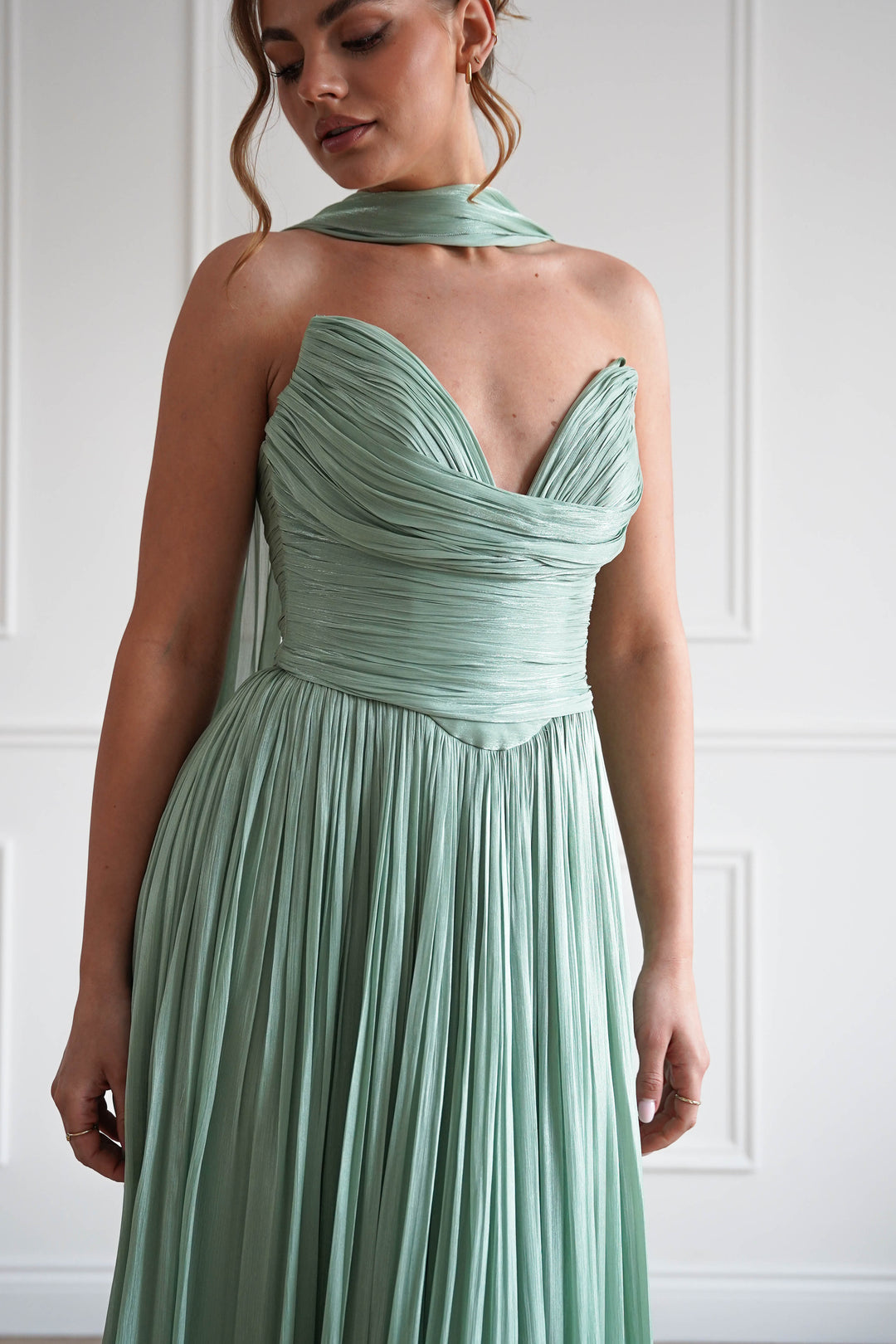Charla Pleated Luminescent Maxi Gown | Sage