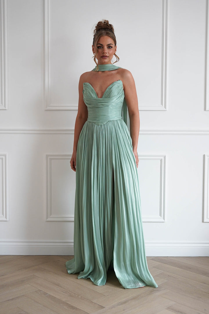 Charla Pleated Luminescent Maxi Gown | Sage