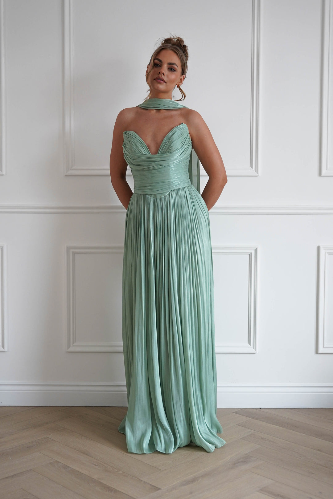 Charla Pleated Luminescent Maxi Gown | Sage