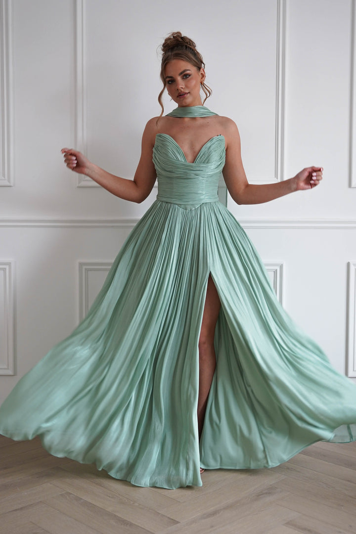 Charla Pleated Luminescent Maxi Gown | Sage
