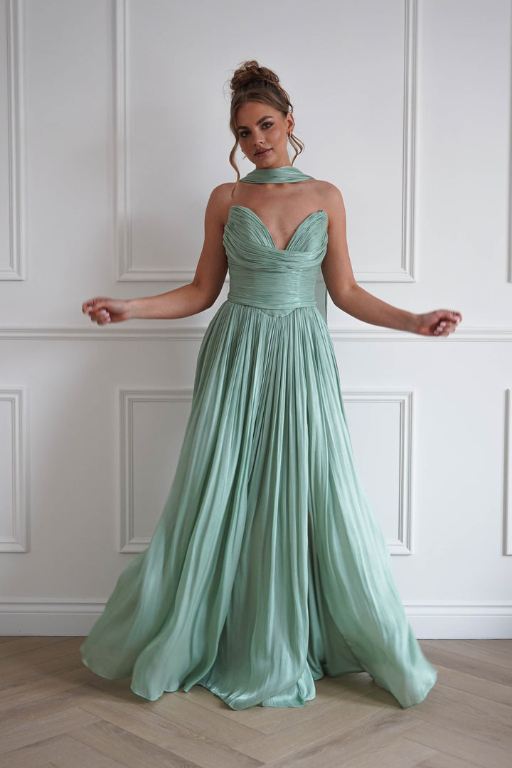 Charla Pleated Luminescent Maxi Gown | Sage