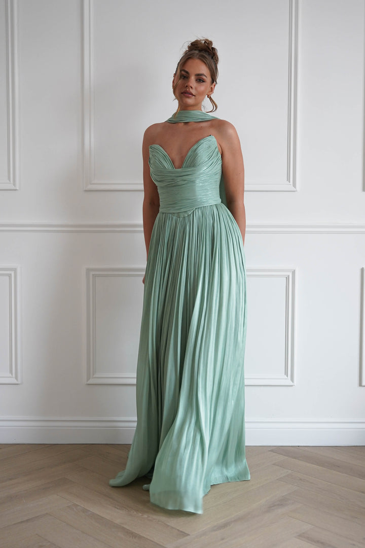 Charla Pleated Luminescent Maxi Gown | Sage