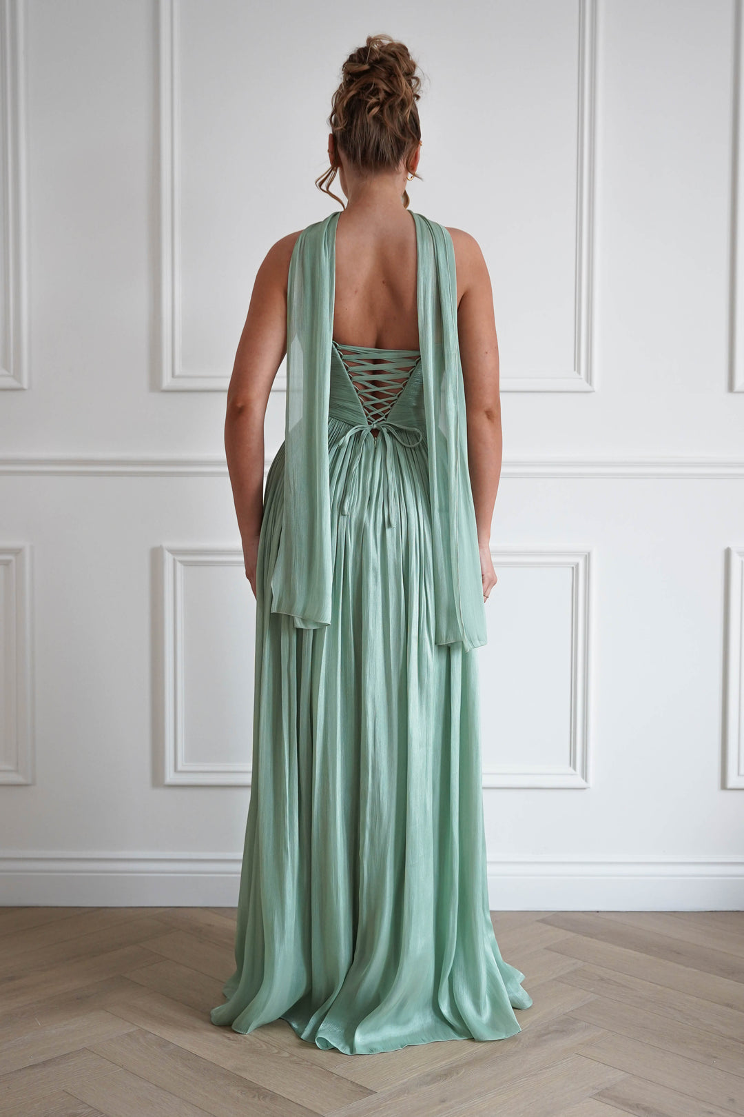 Charla Pleated Luminescent Maxi Gown | Sage