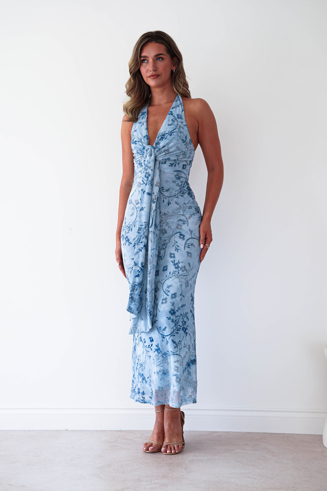 Lena Jacquard Halterneck Maxi Dress | Blue