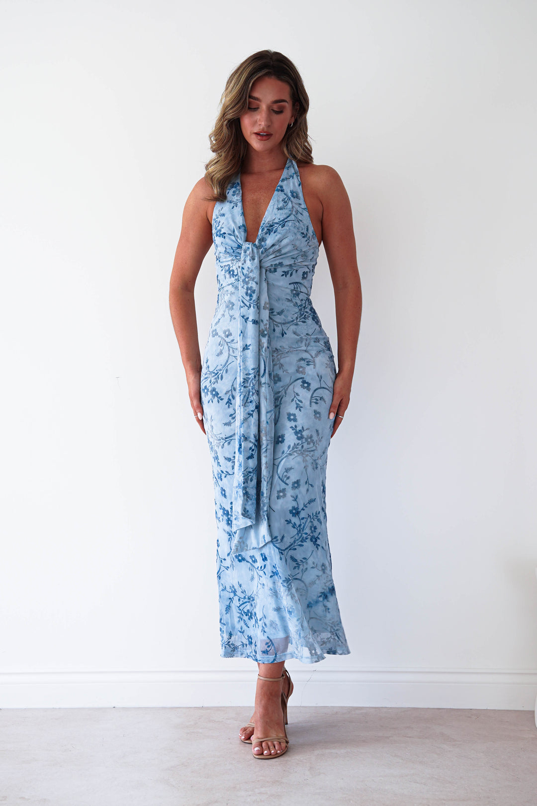 Lena Jacquard Halterneck Maxi Dress | Blue