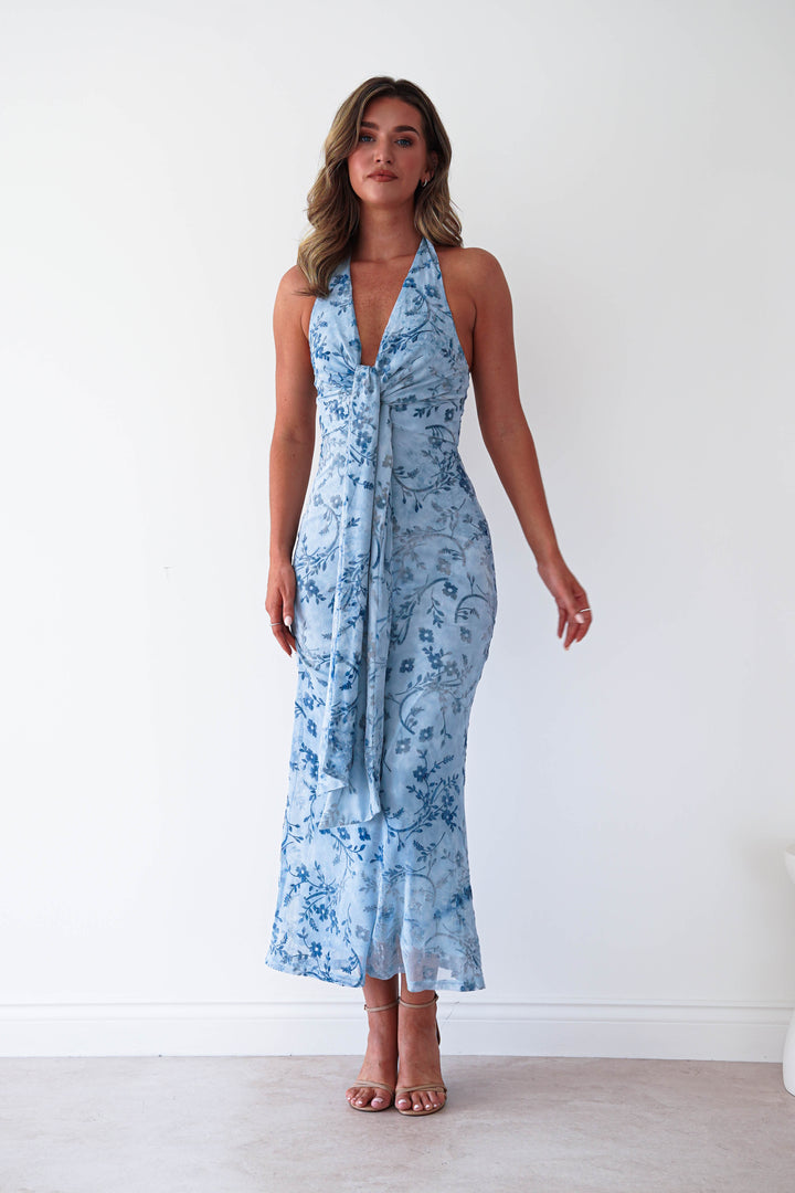 Lena Jacquard Halterneck Maxi Dress | Blue