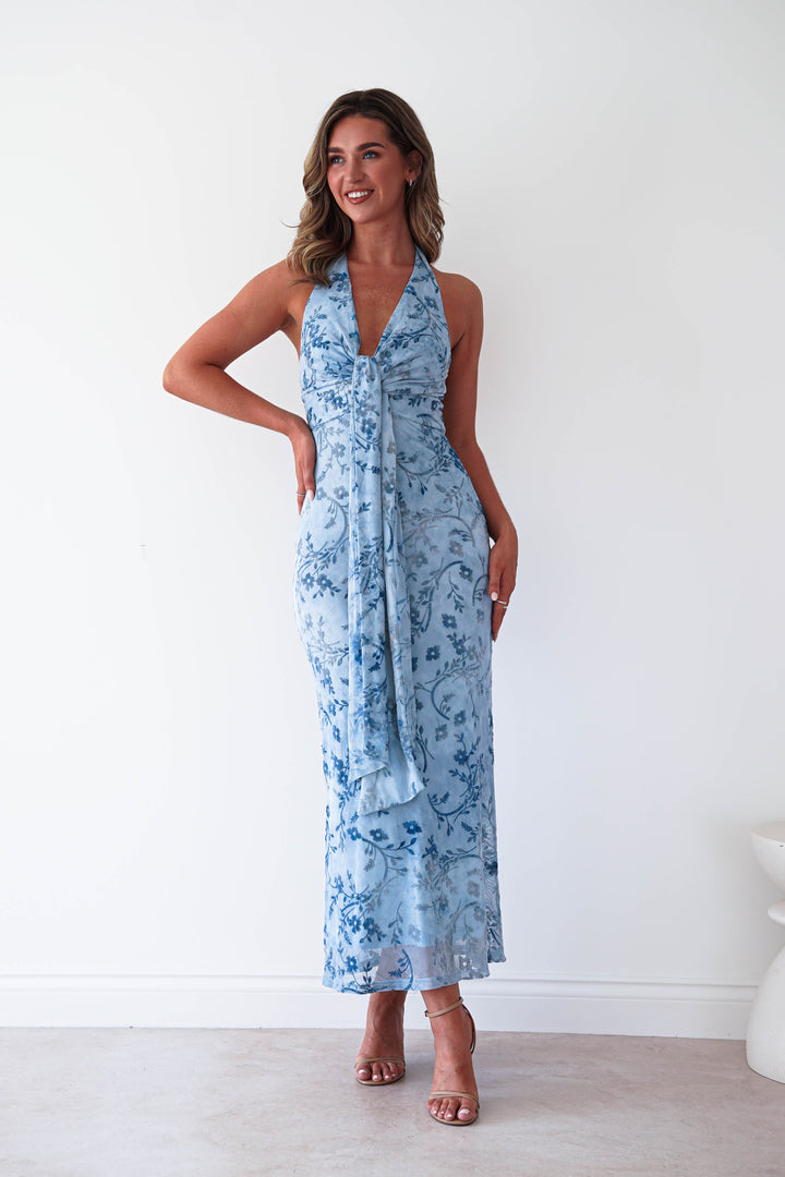 Lena Jacquard Halterneck Maxi Dress | Blue