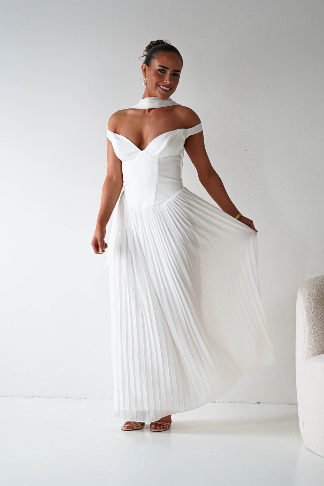 Kelsea Off The Shoulder Pleated Maxi Dress | White