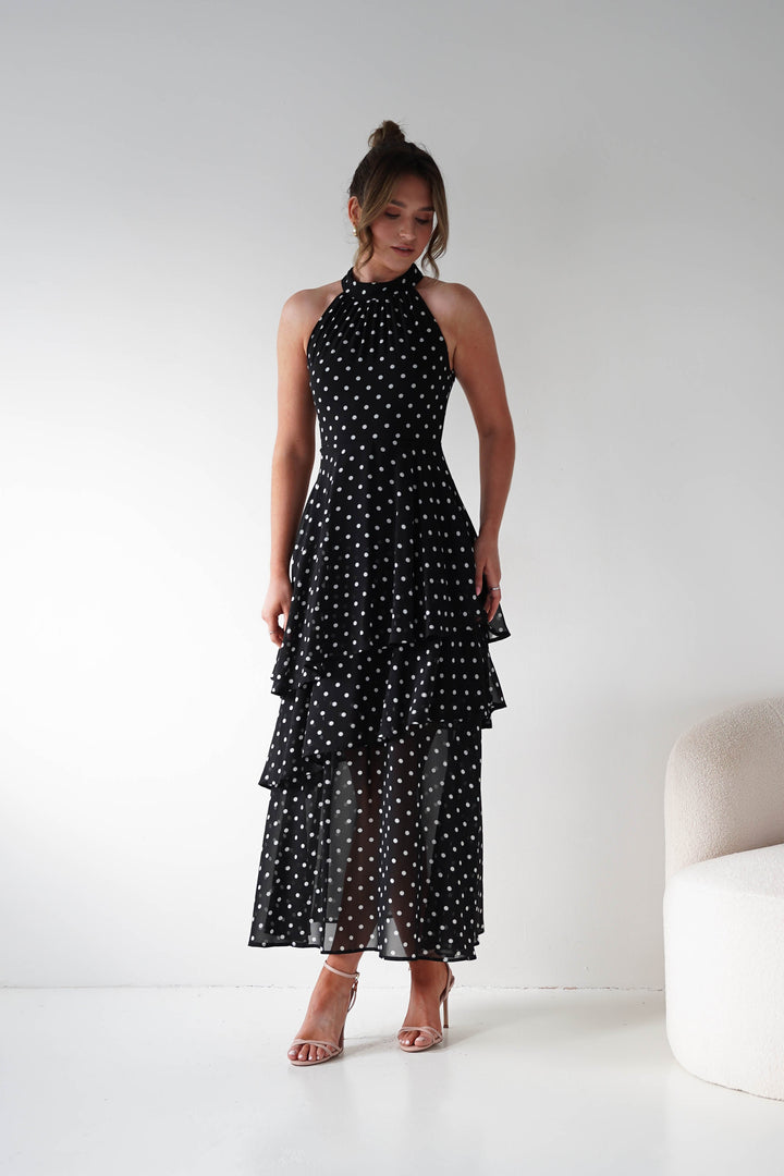 Seville Polka Dot Tiered Maxi Dress | Black