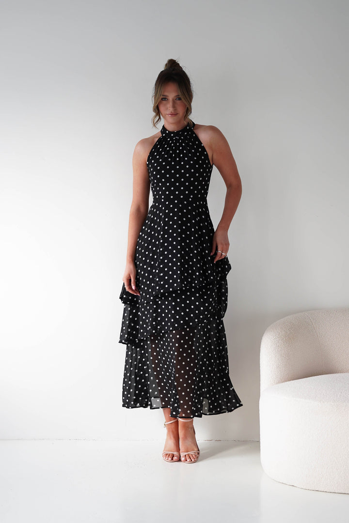 Seville Polka Dot Tiered Maxi Dress | Black