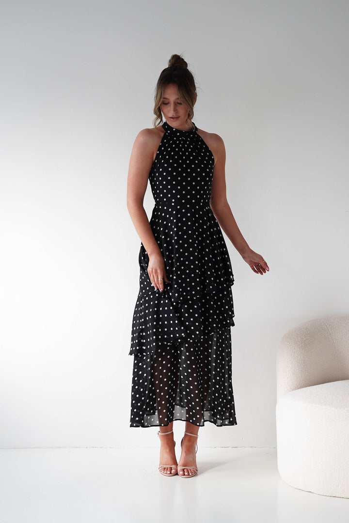 Seville Polka Dot Tiered Maxi Dress | Black