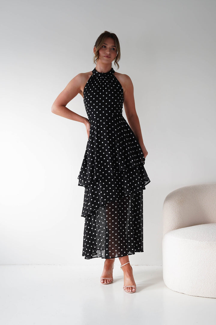 Seville Polka Dot Tiered Maxi Dress | Black