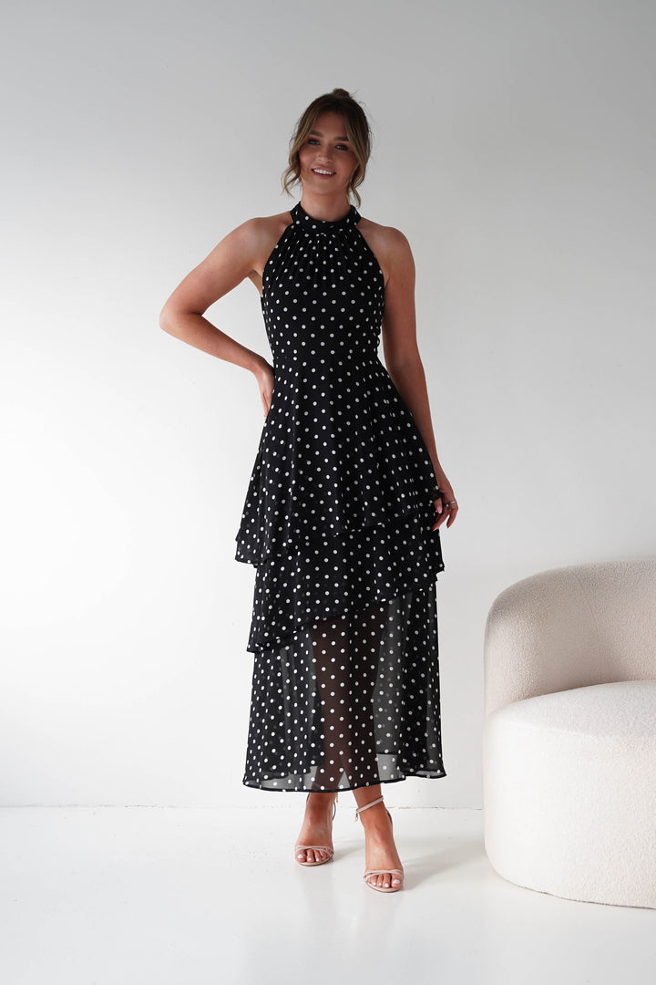 Seville Polka Dot Tiered Maxi Dress | Black