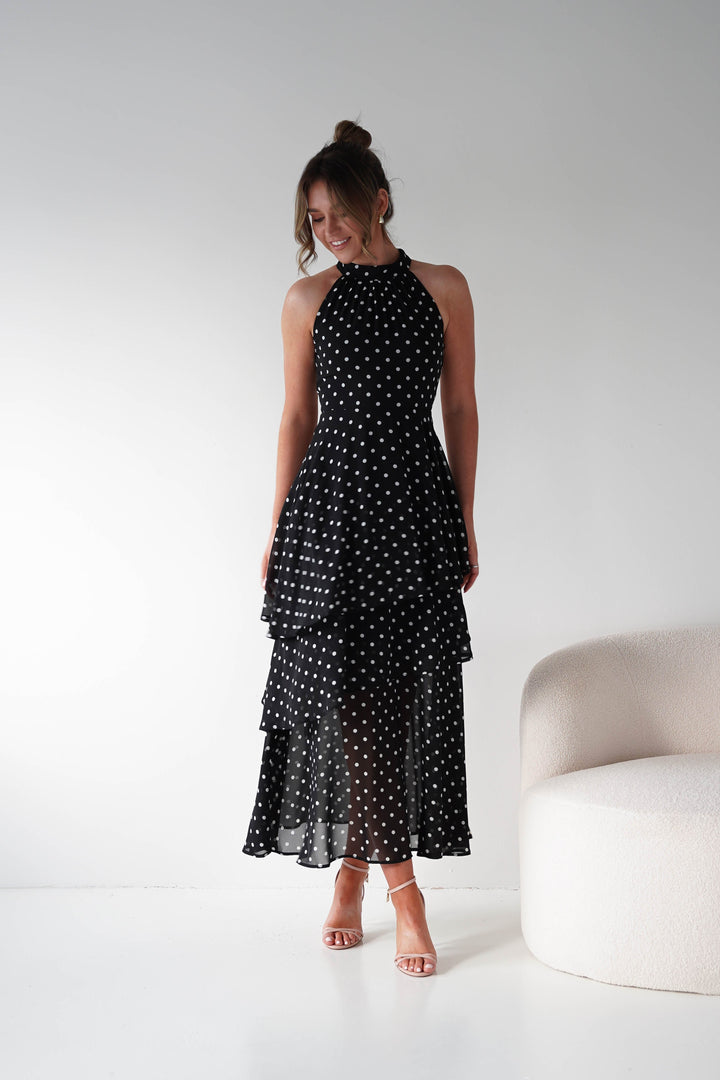 Seville Polka Dot Tiered Maxi Dress | Black