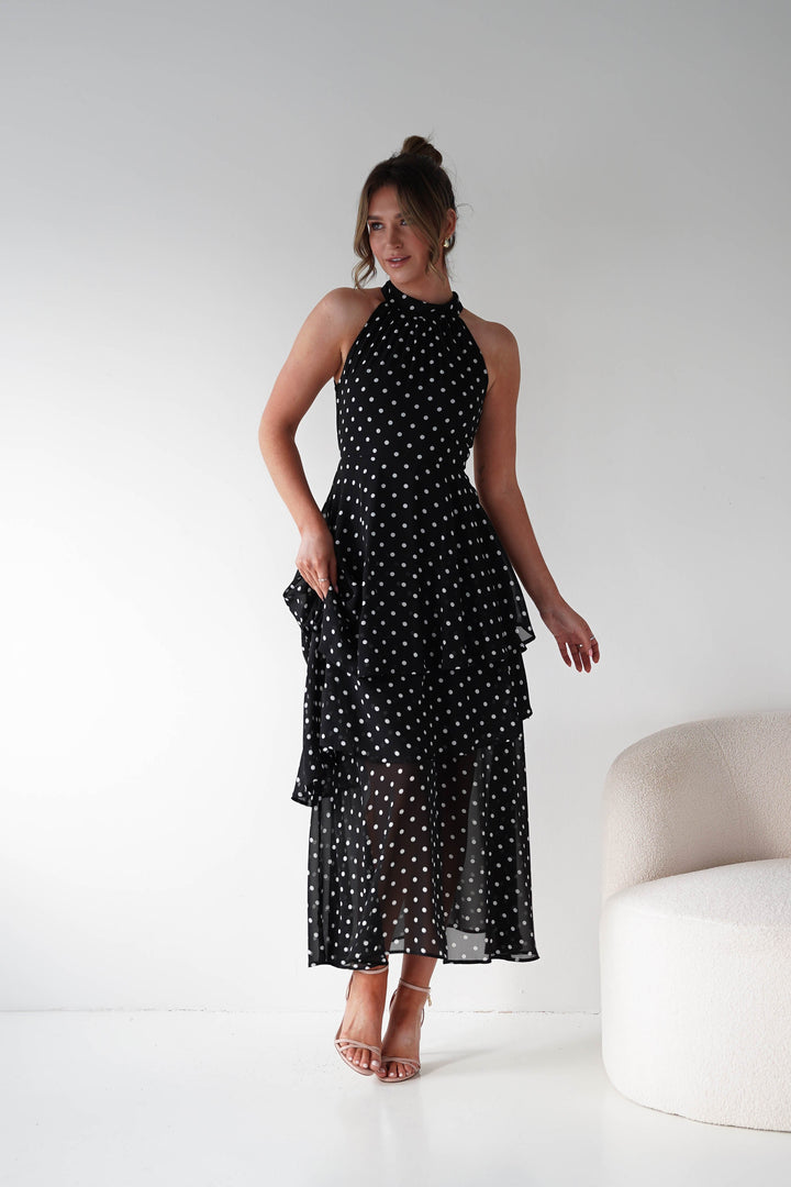 Seville Polka Dot Tiered Maxi Dress | Black