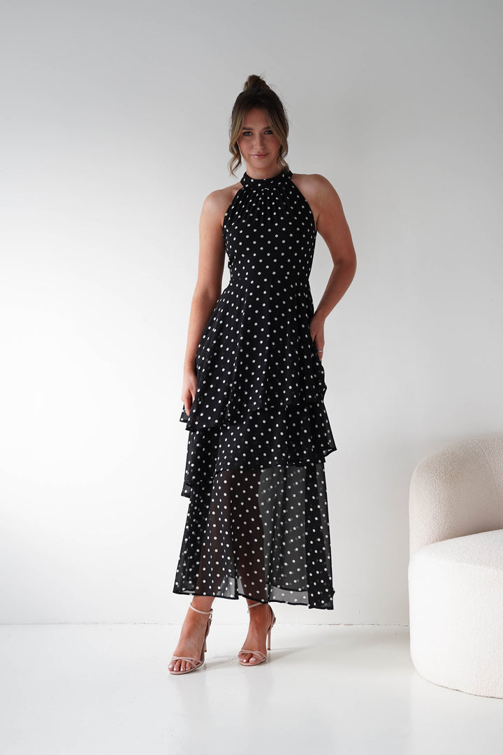 Seville Polka Dot Tiered Maxi Dress | Black