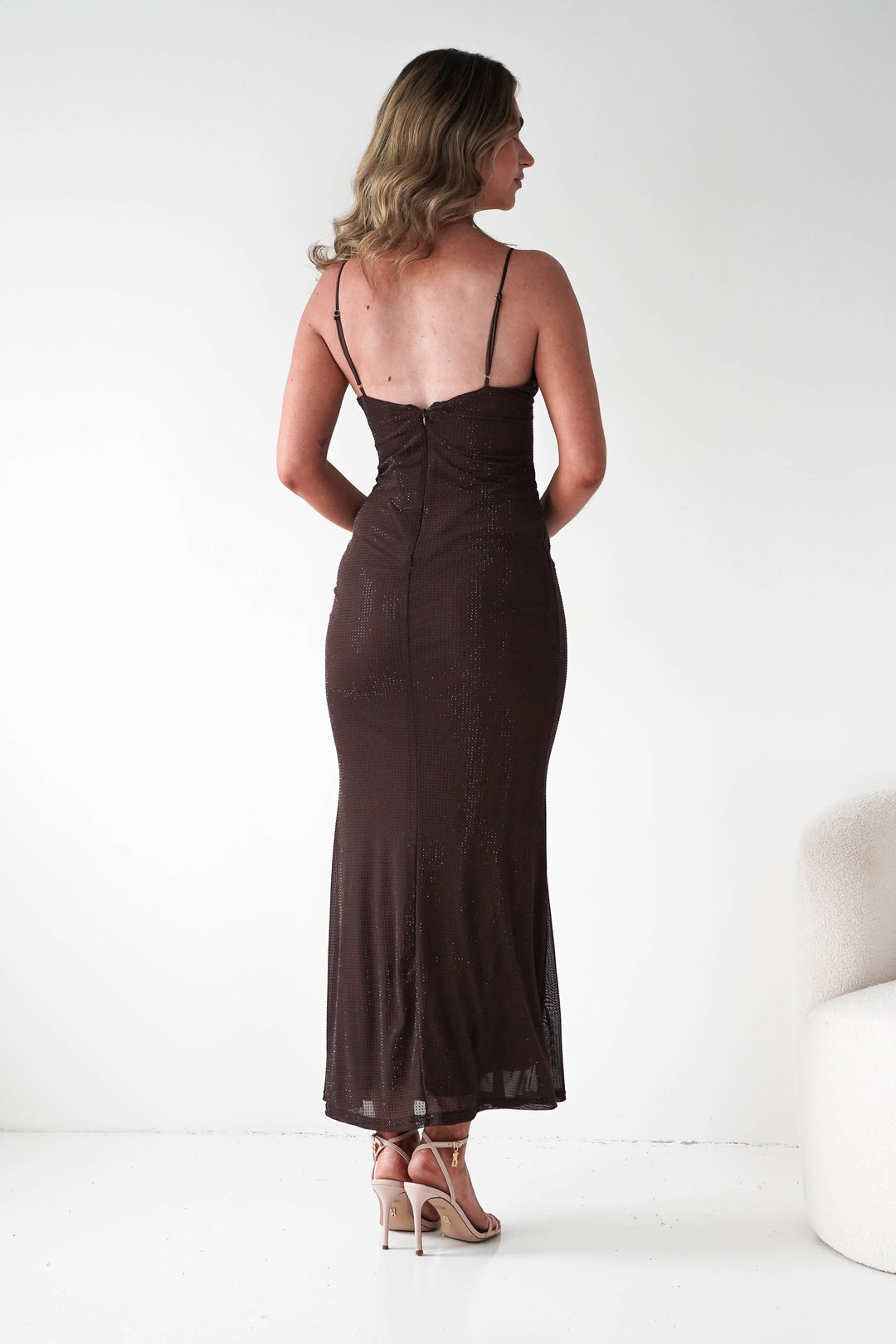 Almarie Diamante Mesh V-Neck Maxi Dress | Brown