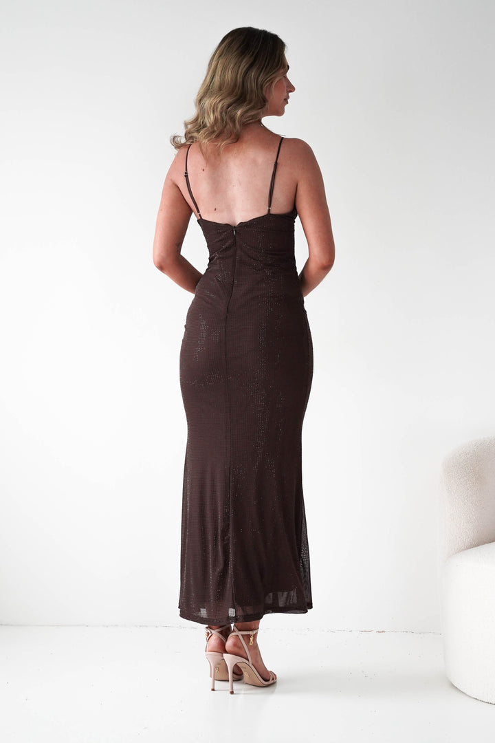 Almarie Diamante Mesh V-Neck Maxi Dress | Brown