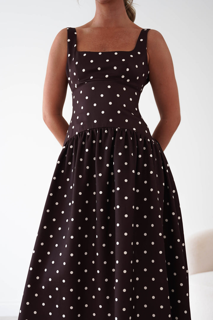 Lorna Square Neck Polka Dot Midi Dress | Brown