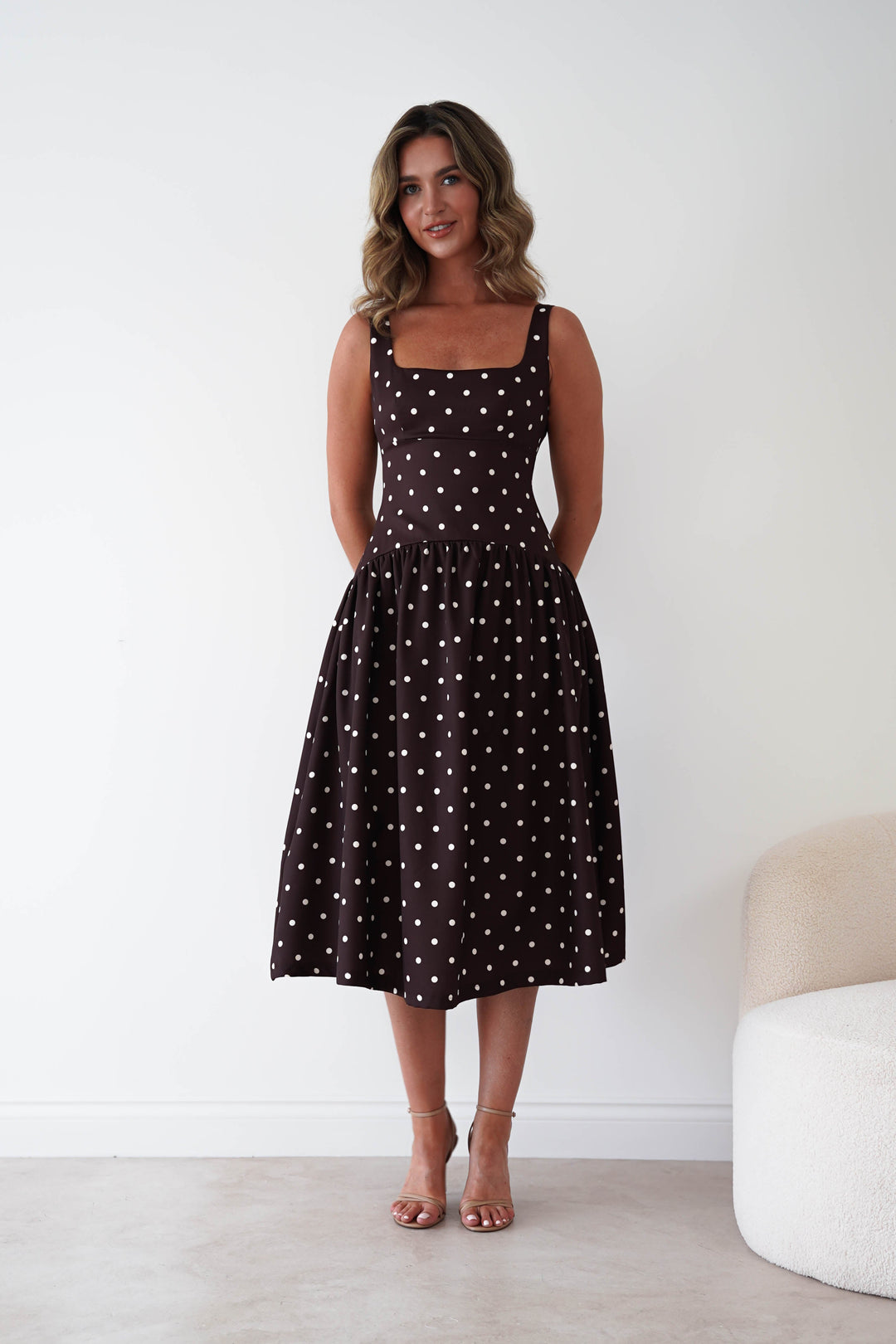 Lorna Square Neck Polka Dot Midi Dress | Brown