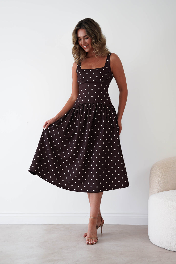 Lorna Square Neck Polka Dot Midi Dress | Brown