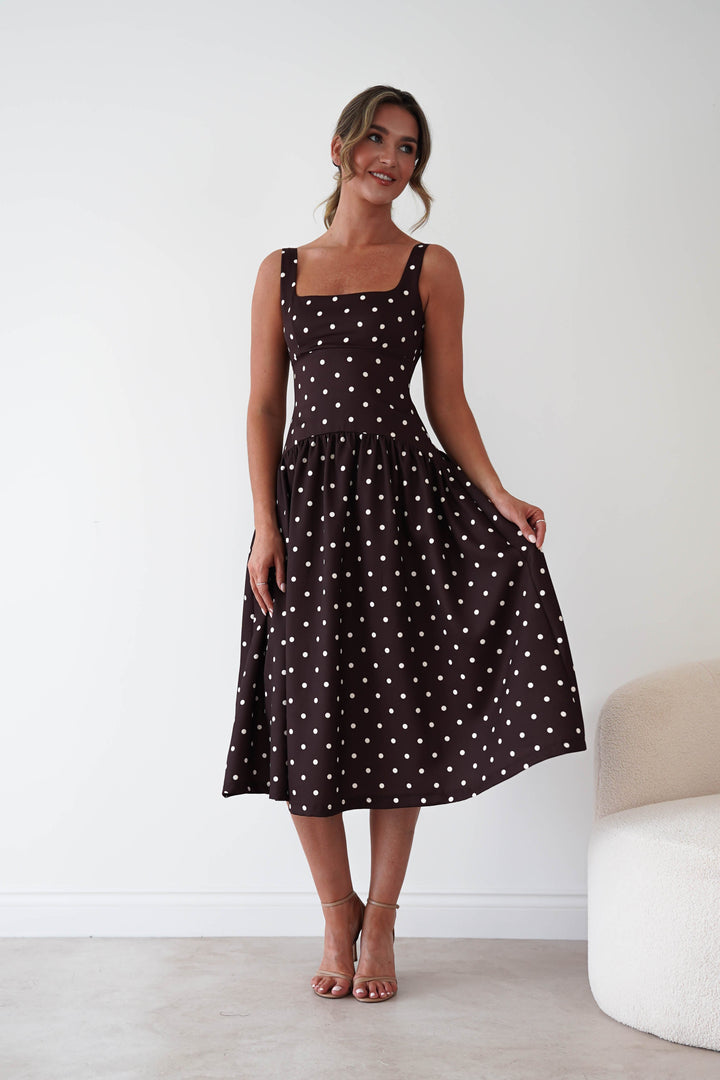 Lorna Square Neck Polka Dot Midi Dress | Brown