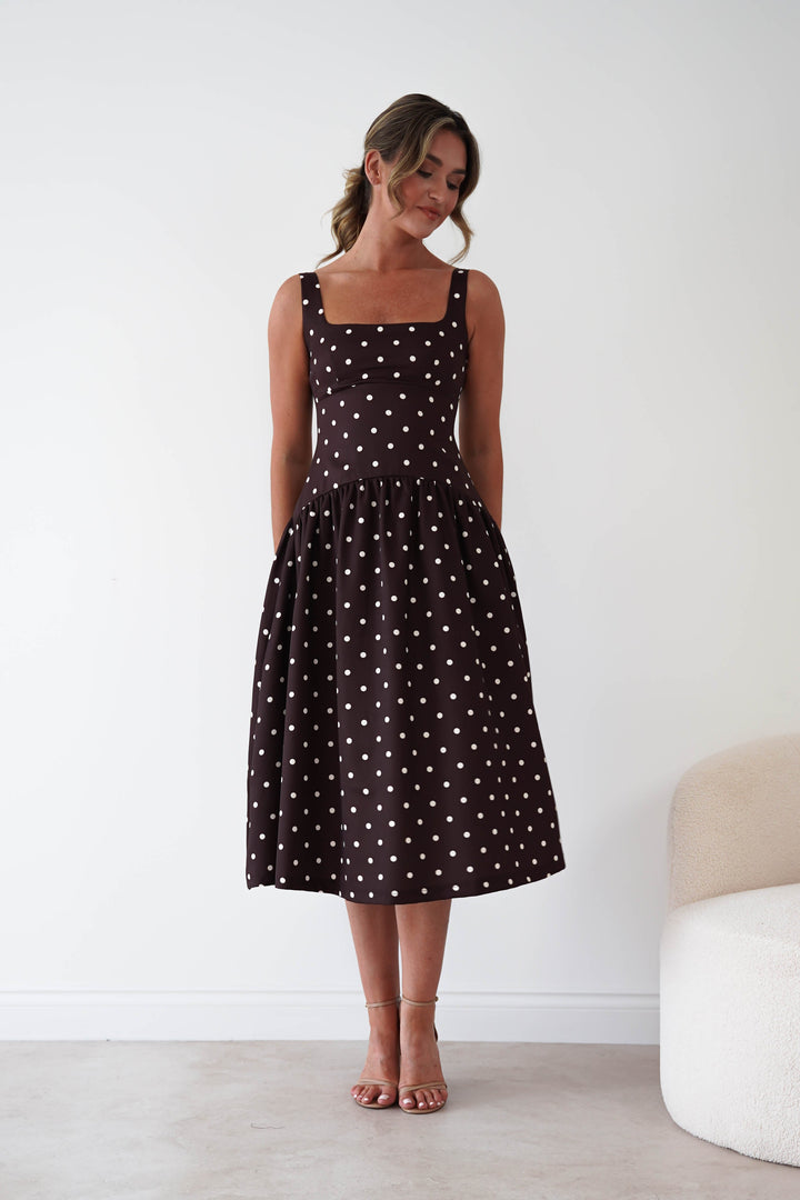 Lorna Square Neck Polka Dot Midi Dress | Brown