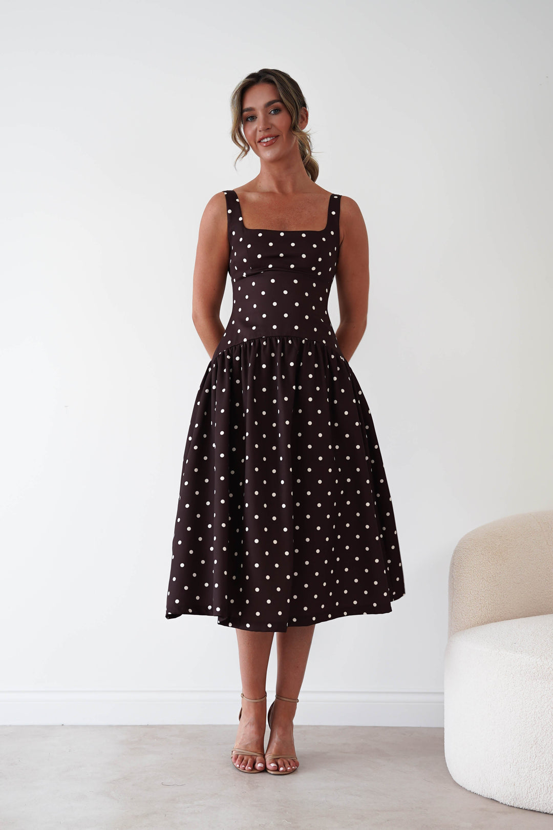 Lorna Square Neck Polka Dot Midi Dress | Brown
