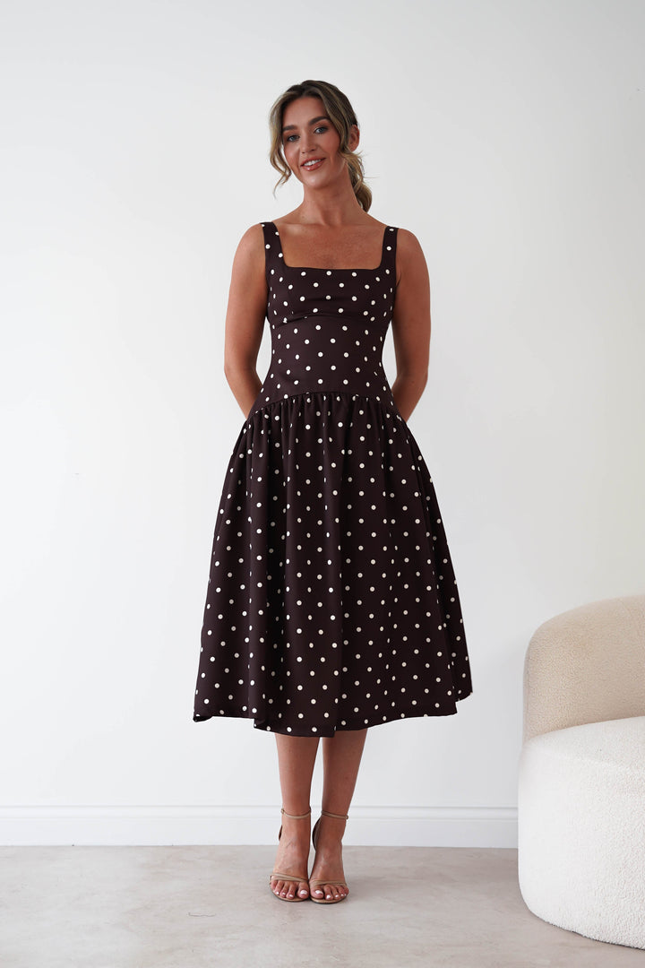 Lorna Square Neck Polka Dot Midi Dress | Brown