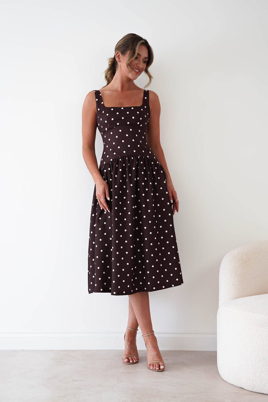 Lorna Square Neck Polka Dot Midi Dress | Brown