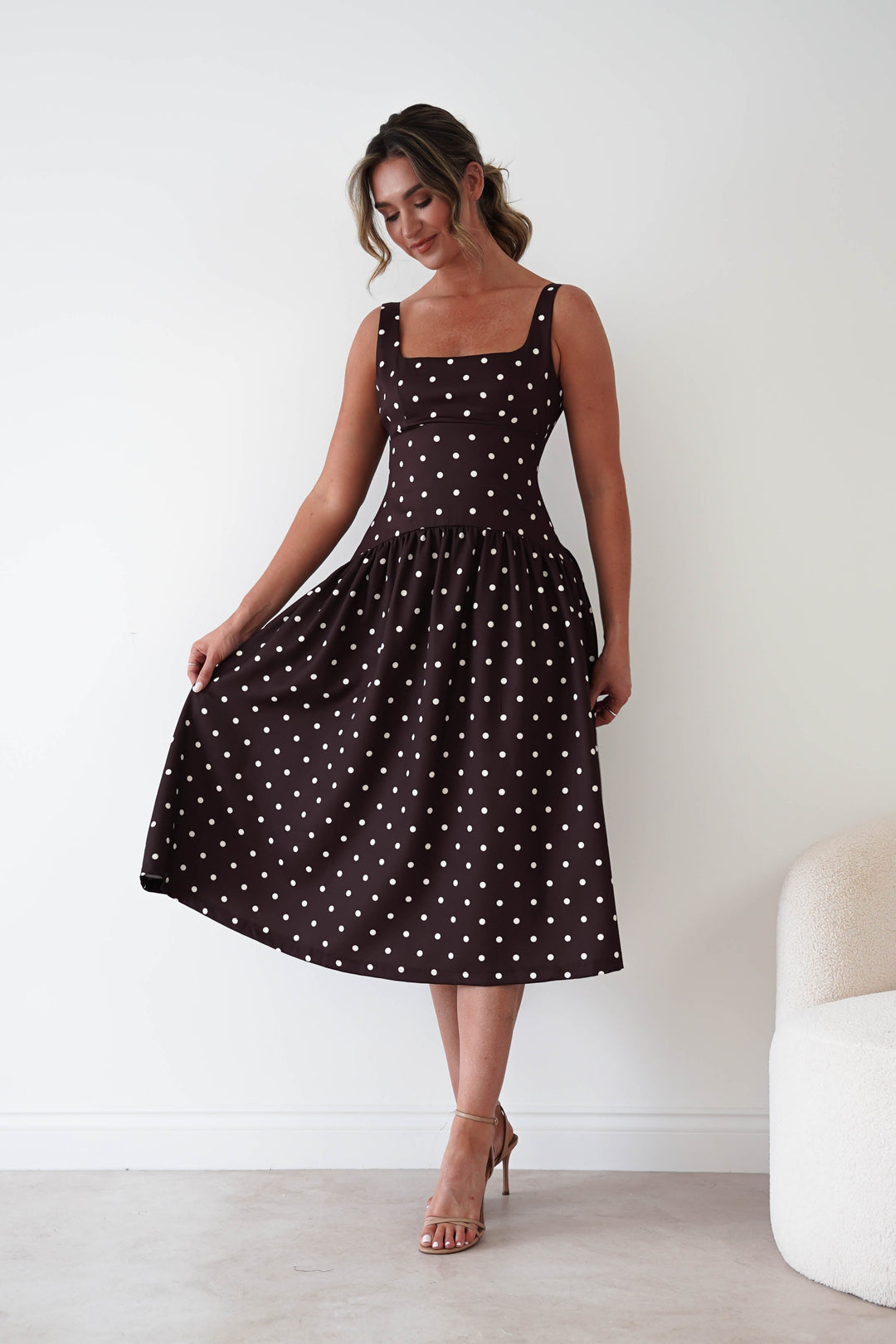 Lorna Square Neck Polka Dot Midi Dress | Brown