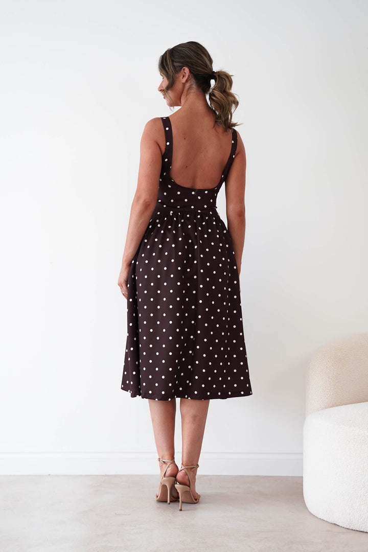 Lorna Square Neck Polka Dot Midi Dress | Brown